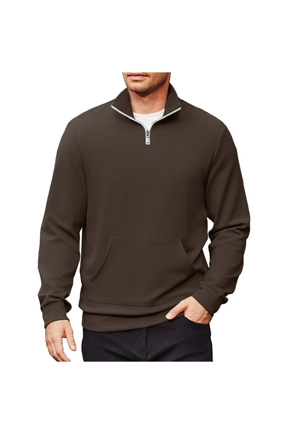 Mens Quarter Zip Pullover Casual Mock Neck Long Sleeve Cotton Sweatshirt Fall Relaxed Fit Lightweight Solid Polo Sweater with Pocket Coffee XXL