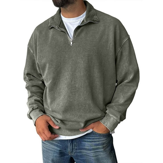 Domuza Mens Quarter Zip Pullover Distressed Acid Wash Long Sleeve Cotton Sweatshirt Fall Winter Casual Collared Relaxed Fit Solid Pullover Top Gray_006 XL
