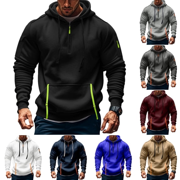 Domuza Mens Quarter Zip Pullover Hoodie Long Sleeve Fleece Sweatshirt with Pockets, Workout Athletic Top Black XL