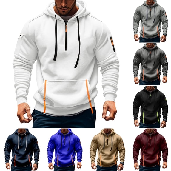 Domuza Mens Quarter Zip Pullover Hoodie Long Sleeve Fleece Sweatshirt with Pockets, Workout Athletic Top White M