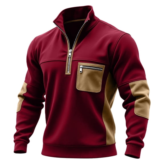 Domuza Mens Quarter Zip Pullover Long Sleeve Mock Neck Color Block Sport Sweater Fall Winter Fashion Loose Fit Pullover with Zippered Pocket Red XL