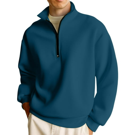 Domuza Mens Quarter Zip Pullover Long Sleeve Stand Collar Casual Cotton Sweatshirt Fall Relaxed Fit Lightweight Solid Color Polo Sweater Navy S