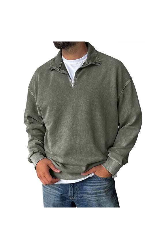 Mens Quarter Zip Pullover Sweatshirt Distressed Acid Wash Long Sleeve Cotton Sweatshirt Fall Winter Casual Collared Relaxed Fit Solid Pullover Gray_006 M