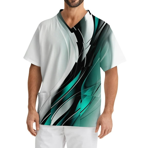 Domuza Mens Scrub Top Plus Size Short Sleeve V-Neck Work Uniform Gradient Striped Print Stretch T-Shirts Comfort Soft Nursing Tops with Pockets Mint Green XXXXXL