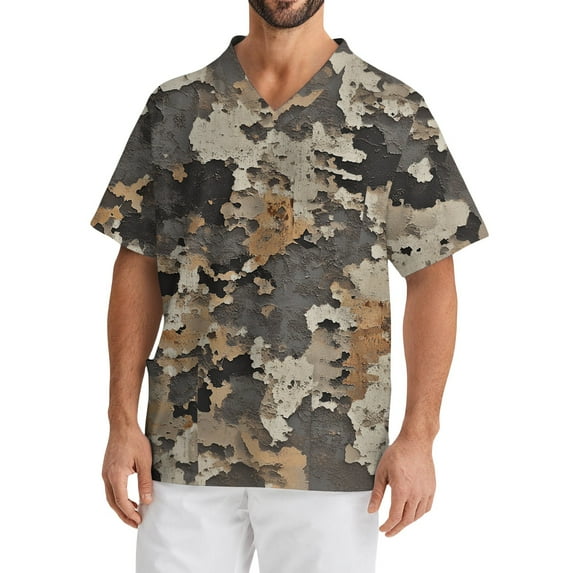 Domuza Mens Scrub Top Plus Size Short Sleeve V-Neck Working Uniform Camo Printed Stretch T-Shirts Comfort Soft Caregiver Top with Pockets Gray L