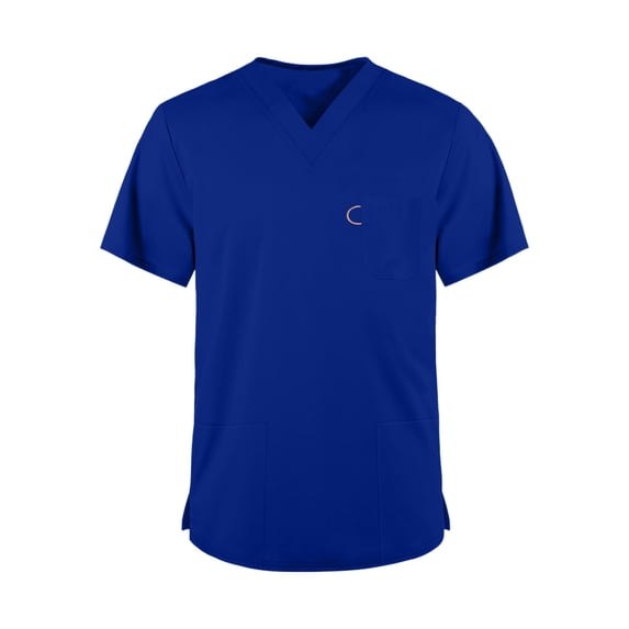 Domuza Mens Scrub Tops - Classic V-Neck Short Sleeve Top with Multiple Pockets, Side Slits Blue XL
