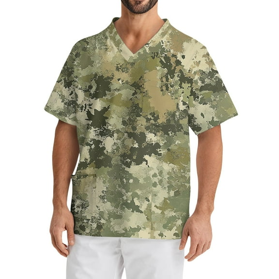 Domuza Mens Scrub Tops Plus Size Short Sleeve V-Neck Work Uniform Camo Printed Stretch T-Shirt Comfort Soft Caregiver Top with Pockets Green S