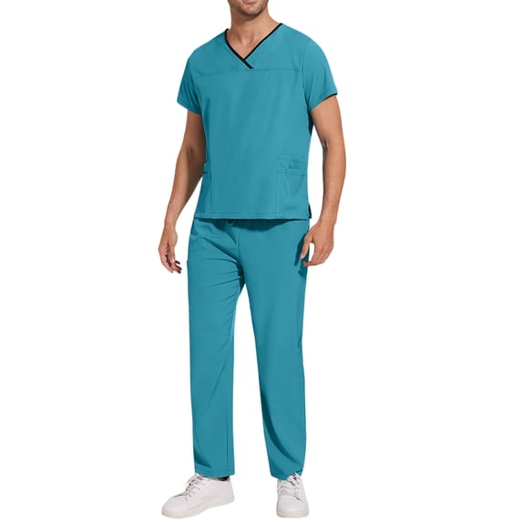 Domuza Mens Scrubs Set Regular Fit Short Sleeve V-Neck Solid Color Top & Straight Leg Pants Soft Comfort Stretch Caregiver Set with Pockets Blue L