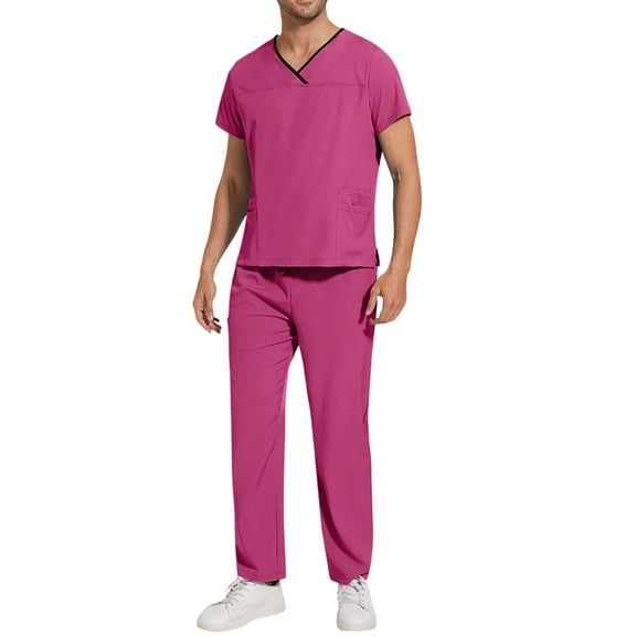 Domuza Mens Scrubs Set Regular Fit V-Neck Short Sleeve Solid Color Top & Straight Leg Pants Soft Comfort Stretch Carer Set with Pockets Hot Pink L