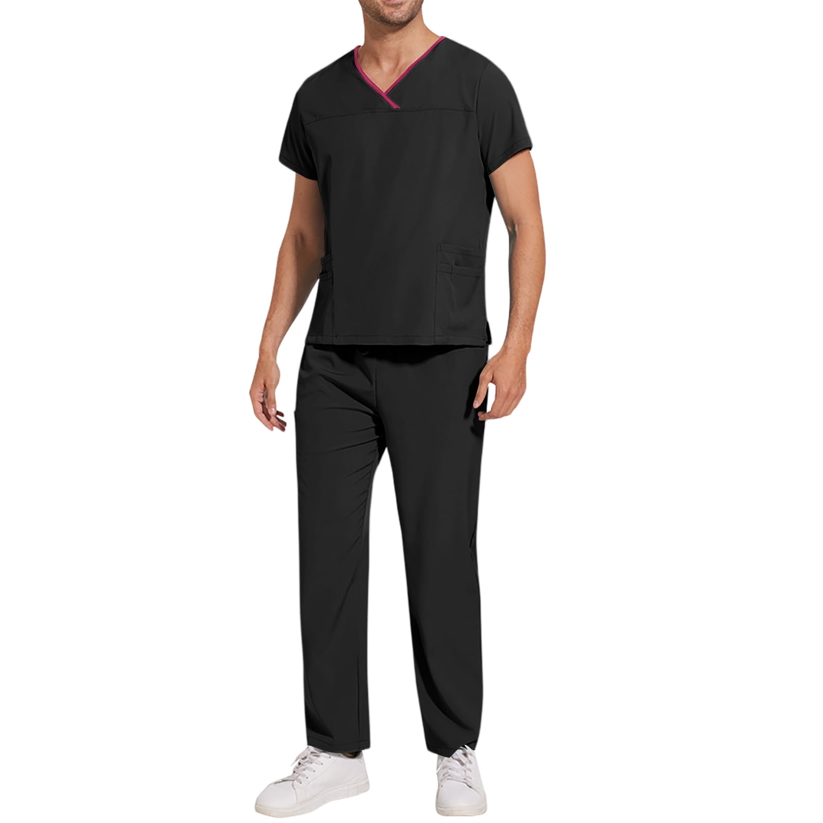 Mens Scrubs Set Regular Fit V-Neck Short Sleeve Solid Color Top & Straight Leg Pants Stretch Comfort Soft Caregiver Set with Pockets Black L