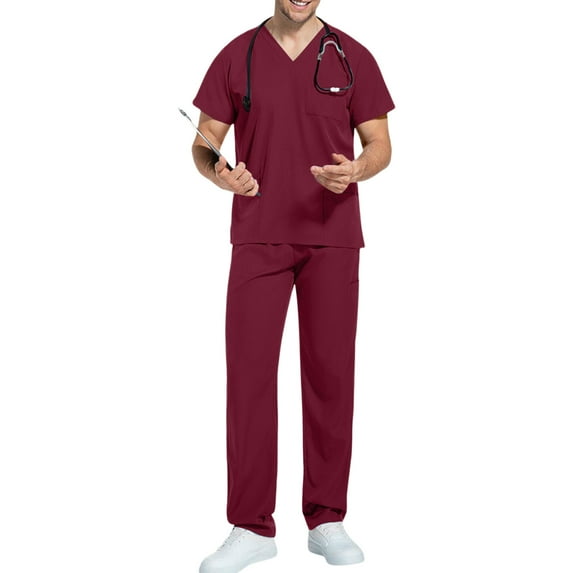 Domuza Mens Scrubs Set Regular Fit V-Neck Short Sleeve Solid Color Top & Straight Leg Pants Stretch Comfort Soft Medical Workwear with Pockets Wine M