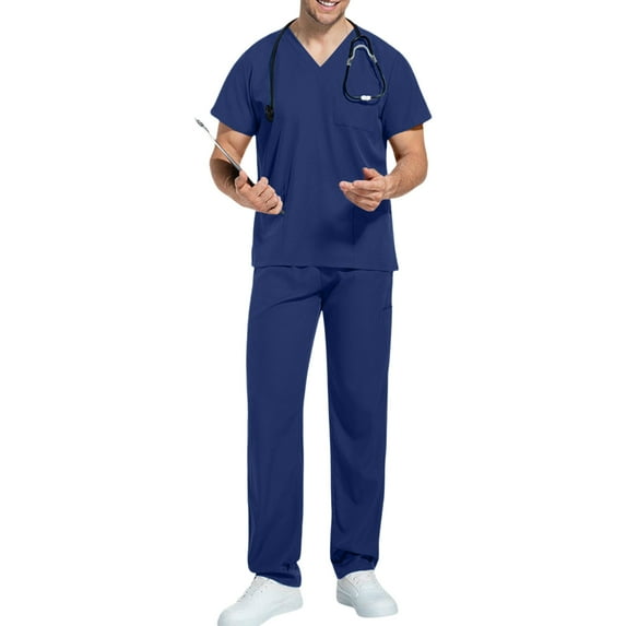 Domuza Mens Scrubs Set Relaxed Fit Short Sleeve V-Neck Solid Color Top & Straight Leg Pants Soft Comfort Stretch Medical Workwear with Pockets Navy L