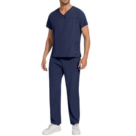 Domuza Mens Scrubs Set Relaxed Fit Short Sleeve V-Neck Solid Color Top & Straight Leg Pants Stretch Comfort Soft Carer Set with Pockets Dark Blue L