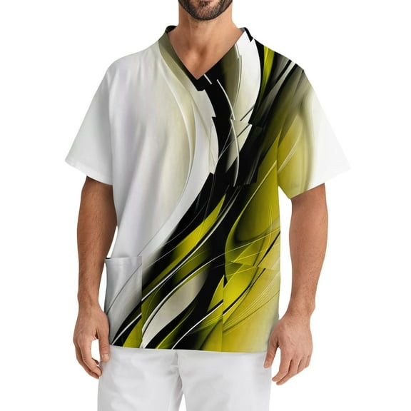 Domuza Mens Scrubs Top Plus Size Short Sleeve V-Neck Medical Workwear Gradient Striped Print Stretch T Shirts Soft Comfort Nursing Tops with Pockets Yellow XXXL