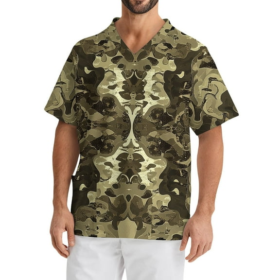 Domuza Mens Scrubs Top Plus Size Short Sleeve V-Neck Working Uniform Camo Print Stretch T-Shirt Comfort Soft Nurse Top with Pockets Army Green L