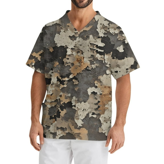 Domuza Mens Scrubs Top Plus Size Short Sleeve V-Neck Working Uniform Camo Printed Stretch T Shirts Comfort Soft Caregiver Tops with Pockets Gray XXXXL