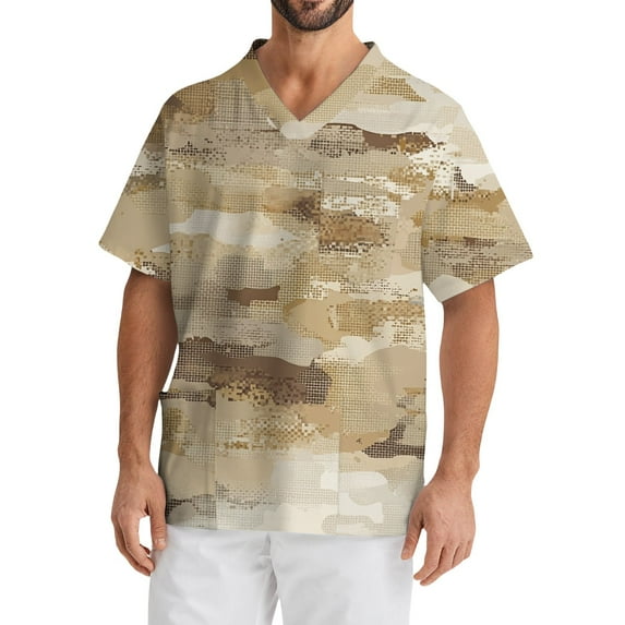 Domuza Mens Scrubs Top Plus Size V-Neck Short Sleeve Nurse Uniform Camo Print Stretch T Shirt Soft Comfort Nursing Top with Pockets Earthy Yellow XXXL