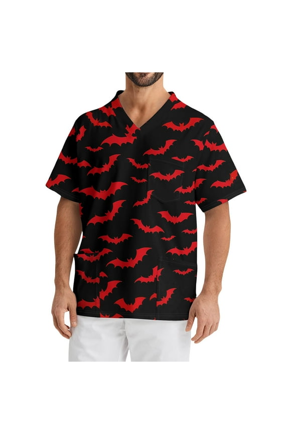 Mens Scrubs Top Plus Size V-Neck Short Sleeve Spooky Novelty Print Caregiver Top Comfort Soft Stretch Medical Workwear with Pockets Deep Red 5XL