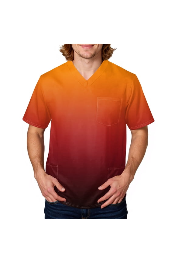 Mens Scrubs Top Tie-Dye Gradient Short Sleeve V Neck Carer Uniform Big and Tall Soft Comfy Medical Workwear with 3 Pockets Saffron XL