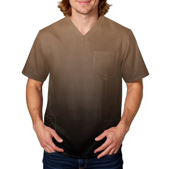 Domuza Mens Scrubs Top Tie-Dye Gradient V Neck Short Sleeve Work Uniform Loose Fit Soft Comfy Medical Scrub Tops with 3 Pockets Brown L
