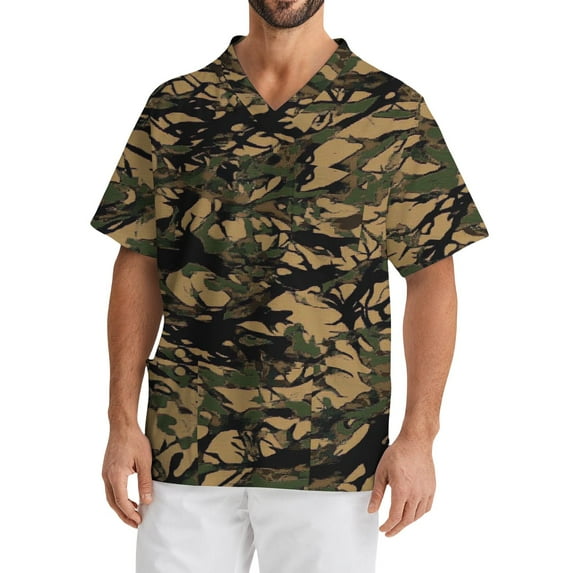Domuza Mens Scrubs Tops Plus Size Short Sleeve V-Neck Working Uniform Camo Printed Stretch T Shirts Comfort Soft Caregiver Top with Pockets Dark Green M