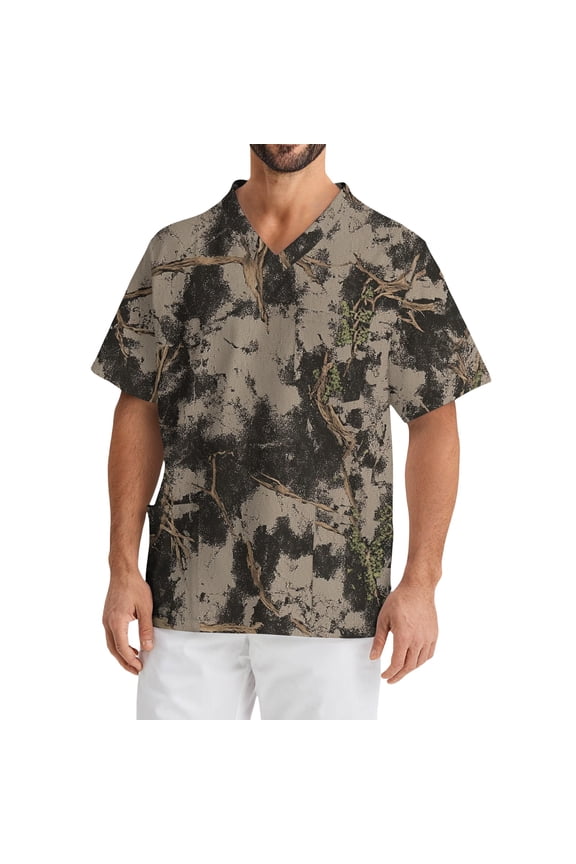 Mens Scrubs Tops Plus Size V-Neck Short Sleeve Nurse Uniform Camo Print Stretch T Shirts Comfort Soft Nursing Top with Pockets Coffee XL