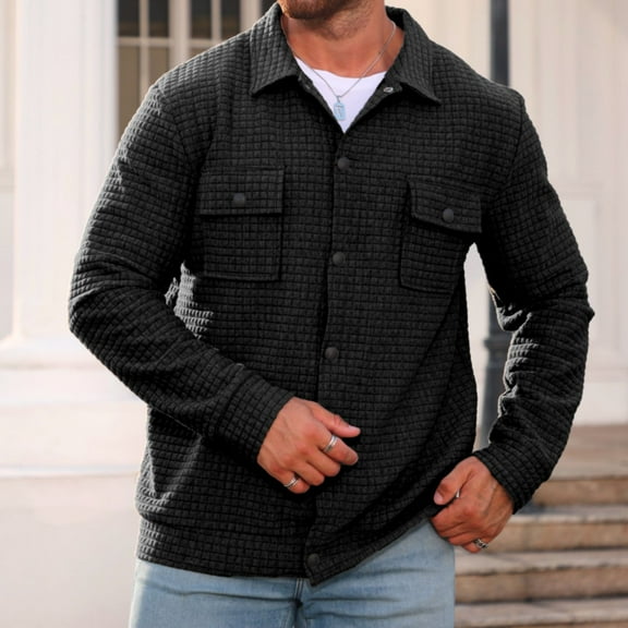 Domuza Mens Shirt Jacket Fashion Casual Long Sleeve Button Down Waffle Jackets Fall Winter Shacket Loose Fit Quilted Overshirt with Pockets Black 2XL