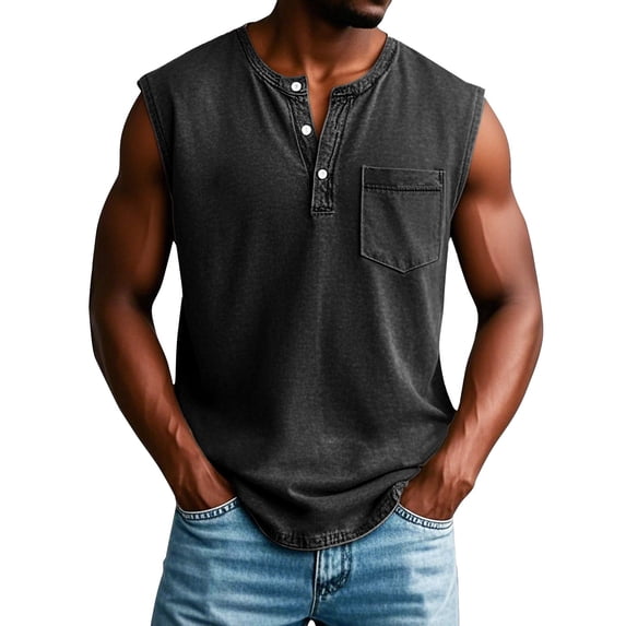 Domuza Mens Shirts Retro V Neck Button Tank Tops Distressed Washed Sleeveless Tees Muscle Gym Workout Running Clothes with Chest Pocket Black XL
