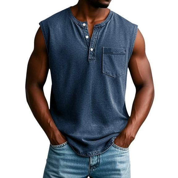 Domuza Mens Shirts Vintage V Neck Button Tank Tops Distressed Washed Sleeveless Blouse Muscle Gym Workout Running Clothes with Chest Pocket Navy L