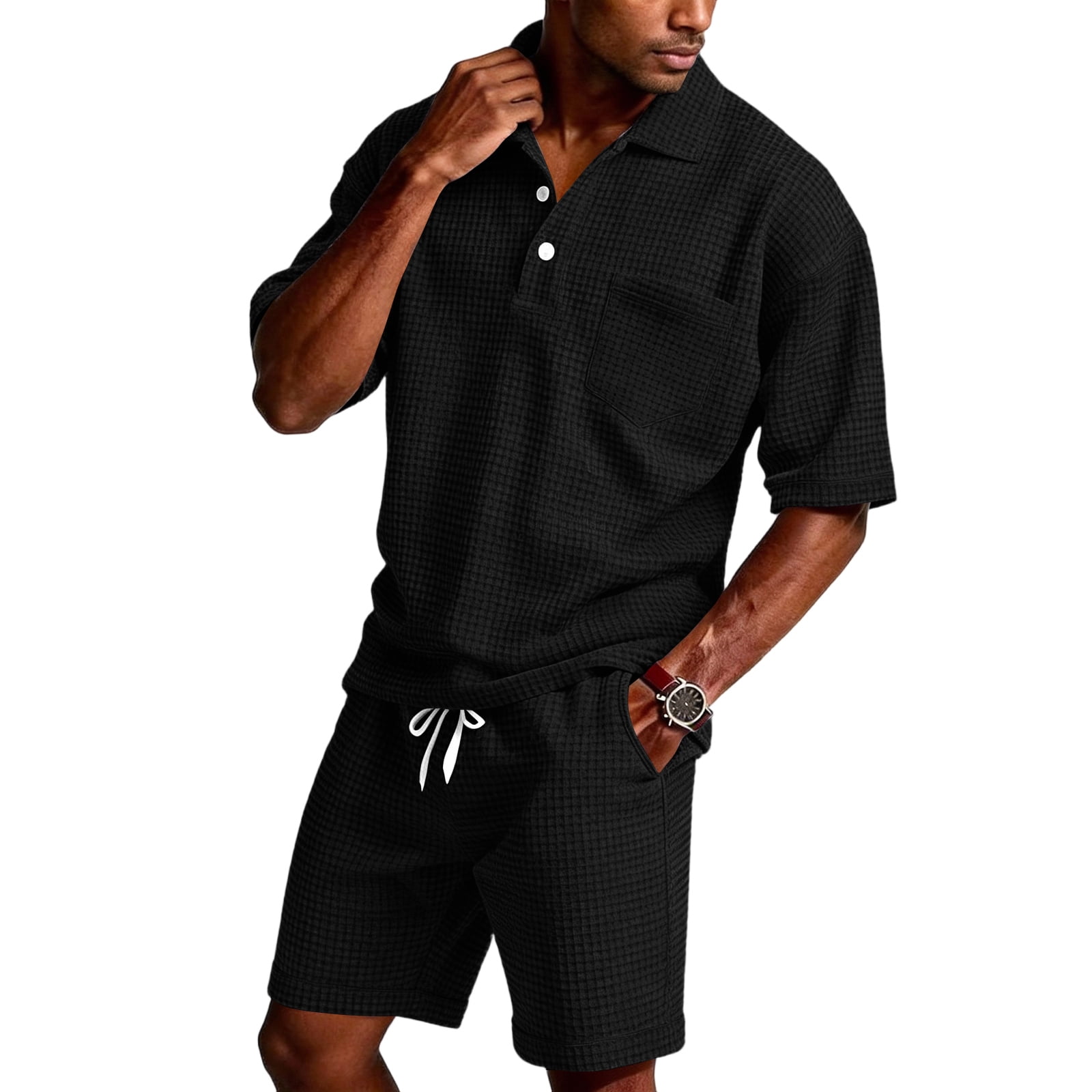 Domuza Mens Short Sets 2 Piece Outfits Waffle Knit Short Sleeve Polo ...