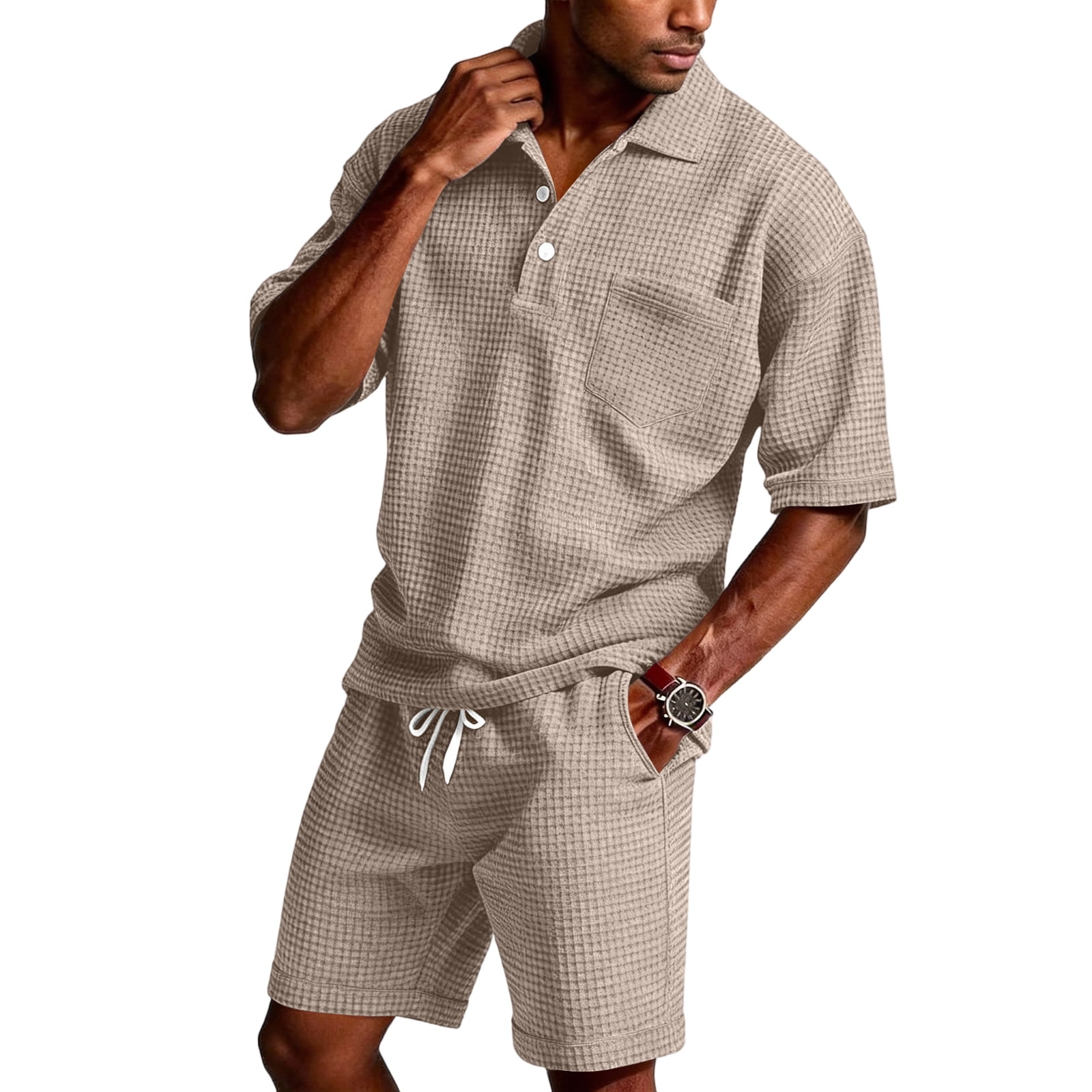 Domuza Mens Short Sets 2 Piece Outfits Waffle Knit Short Sleeve Polo ...