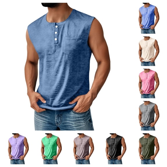 Domuza Mens Sleeveless Shirts Summer Henley V Neck Muscle Tank Tops Button Down Athletic Tees with Pockets Navy XL
