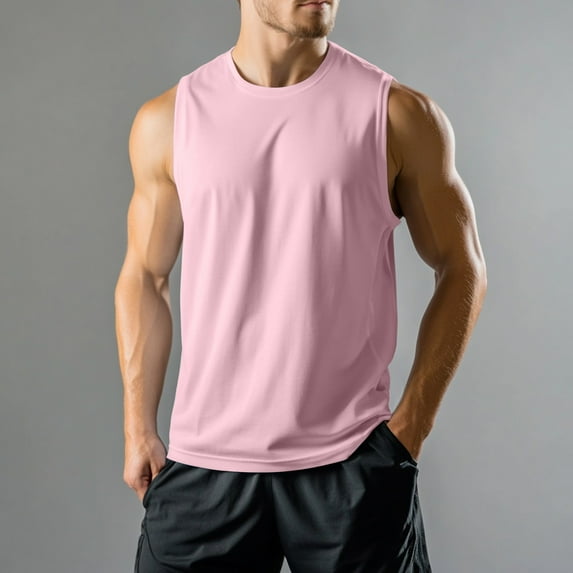 Domuza Mens Sleeveless Tee Shirts Muscle Gym Workout Moisture Wicking Tank Tops Summer Casual Lightweight Crew Neck Solid Running Beach Tee Light pink S
