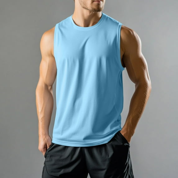 Domuza Mens Sleeveless Tee Shirts Workout Bodybuilding Moisture Wicking Tank Tops Summer Lightweight Casual Crew Neck Solid Running Beach Tee Light Blue L