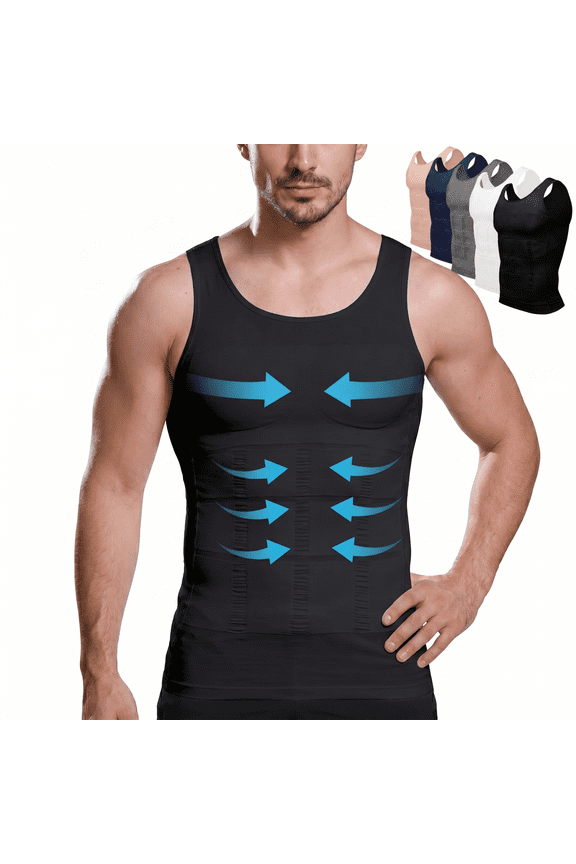 Mens Slimming Compression Shirt,Body Shaper Workout Tank Top, Gynecomastia Tummy Control Undershirts Black L