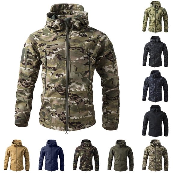 Domuza Mens Softshell Camouflage Hooded Jacket, Full-Zip Windproof Waterproof, Multi-Pocket Outdoor Sport Coat Camouflage XL