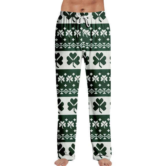 Domuza Mens St Patricks Day Pajamas Pants Shamrock Printed Elastic Waist Drawstring Pjs Trousers Soft Loose Fit Lounge Sleepwear with Pockets Mint Green 2XL
