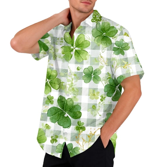 Domuza Mens St Patricks Day Shirt Casual Irish Green Shamrock Clover T Shirts Summer Fashion Short Sleeve Button Down Lapel Tops Light Green XL