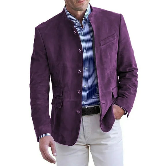 Domuza Mens Suede Blazer Jacket Faux Leather Casual Retro Single Breasted Suit Jackets Fall Winter Stylish Stand Collar Sport Coat with Pockets Purple L