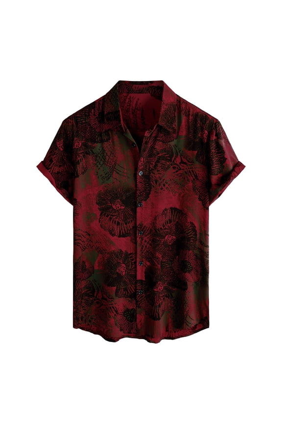 Mens Summer Shirts Hawaiian Casual Short Sleeve Beach Shirts Tropical Floral Printed Button Up T Shirts Lapel Holiday Tees Deep Red S