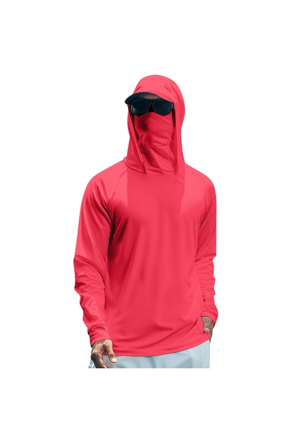 Mens Sun Protection Fishing Shirts UPF 50+ Long Sleeve Hoodie with Face Mask UV Rash Guard Hiking Shirt Red XL