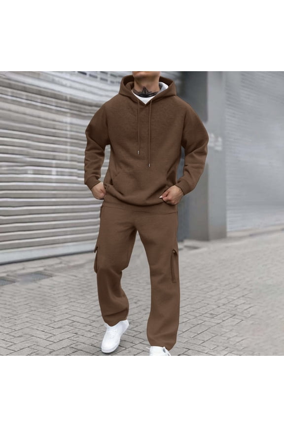 Mens Sweat Suits 2 Piece Set Fleece Hooded Sweatshirt and Cargo Sweatpants Set Casual Sports Tracksuits Fall Winter Jogging Suit Brown XL