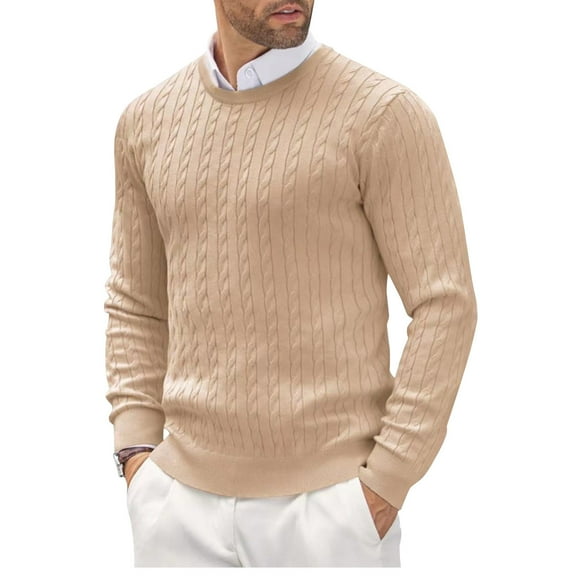 Domuza Mens Sweaters Crew Neck Long Sleeve Casual Stylish Knit Dress Sweater Fall Winter Soft Comfy Stretch Slim Fit Business Pullover Top Beige L