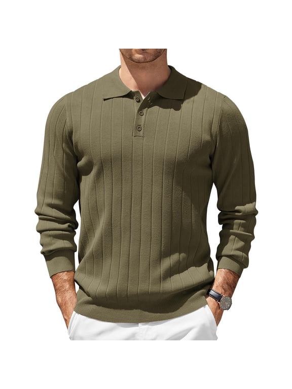 Mens Sweaters Long Sleeve Fashion Casual Lapel Knit Golf Sweaters Fall Winter Elastic Button Down Business Ribbed Dress Pullover Army Green L