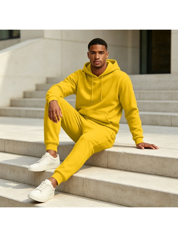 Mens Sweatsuit 2 Piece Set, Hooded Sweatshirt And Relaxed Waist Jogger Pants,Casual Tracksuit, Active Outfit For Sports - Yellow L