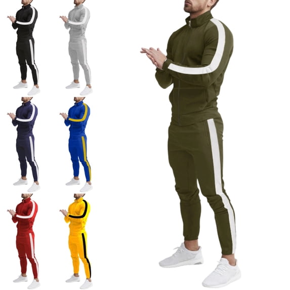 Domuza Mens Sweatsuits 2 Piece Set Jogging Zip Up Jackets Activewear 2 Piece Outfit Athletic Fall Winter Drawstring Long Sleeve Outfit Army Green XL