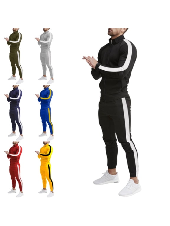 Mens Sweatsuits 2 Piece Set Jogging Zip Up Jackets Activewear 2 Piece Outfit Athletic Fall Winter Drawstring Long Sleeve Outfit Black XL