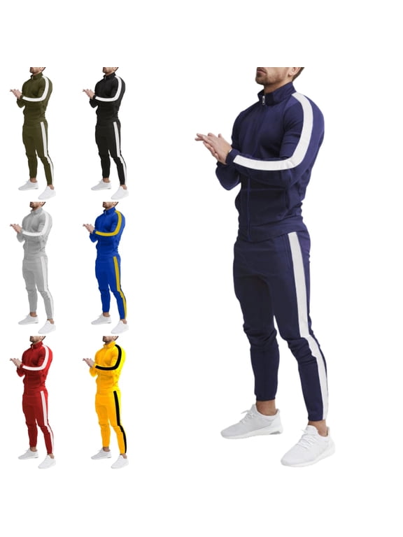 Mens Sweatsuits 2 Piece Set Jogging Zip Up Jackets Activewear 2 Piece Outfit Athletic Fall Winter Drawstring Long Sleeve Outfit Navy XL