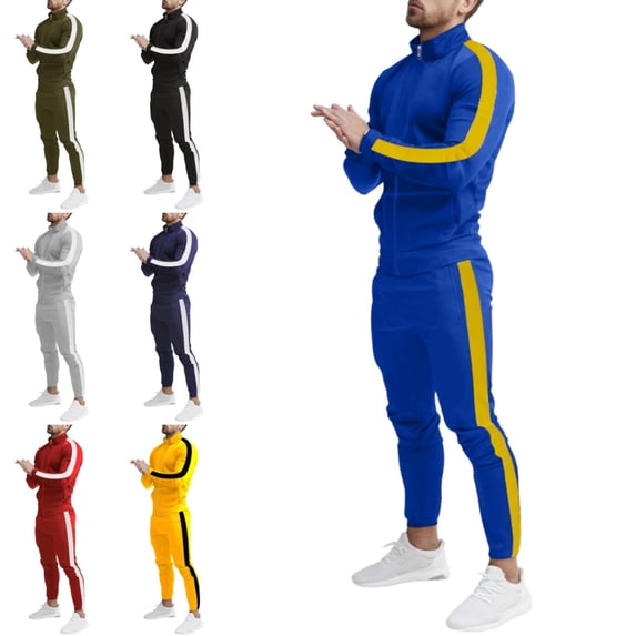 Domuza Mens Sweatsuits 2 Piece Set Jogging Zip Up Jackets Activewear 2 Piece Outfit Athletic Fall Winter Drawstring Long Sleeve Outfit Royal Blue M