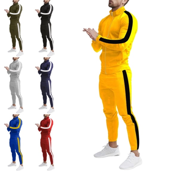 Domuza Mens Sweatsuits 2 Piece Set Jogging Zip Up Jackets Activewear 2 Piece Outfit Athletic Fall Winter Drawstring Long Sleeve Outfit Yellow 2XL